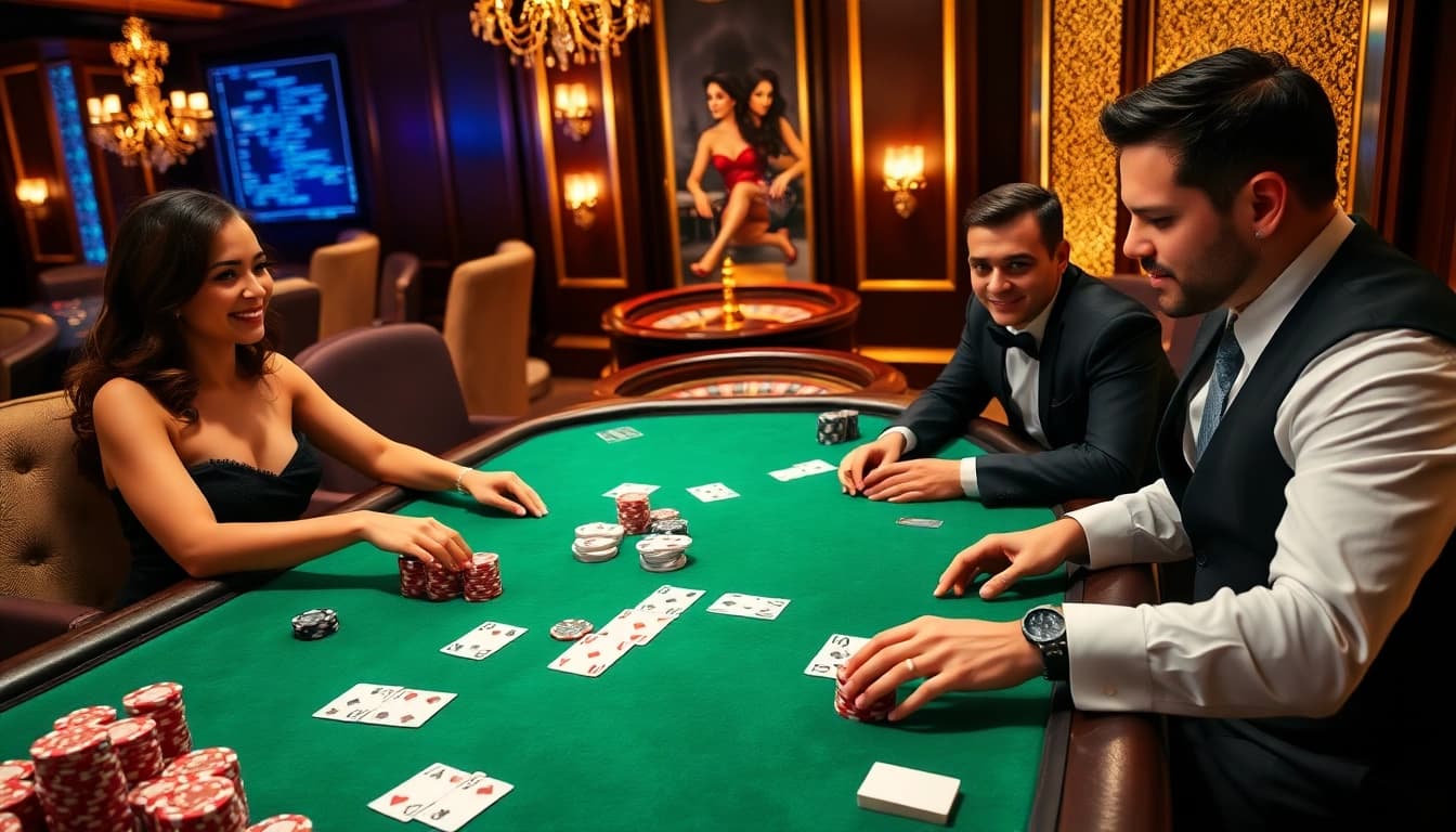 Experience the excitement of winning at 555 win while playing poker in a luxurious casino setting.