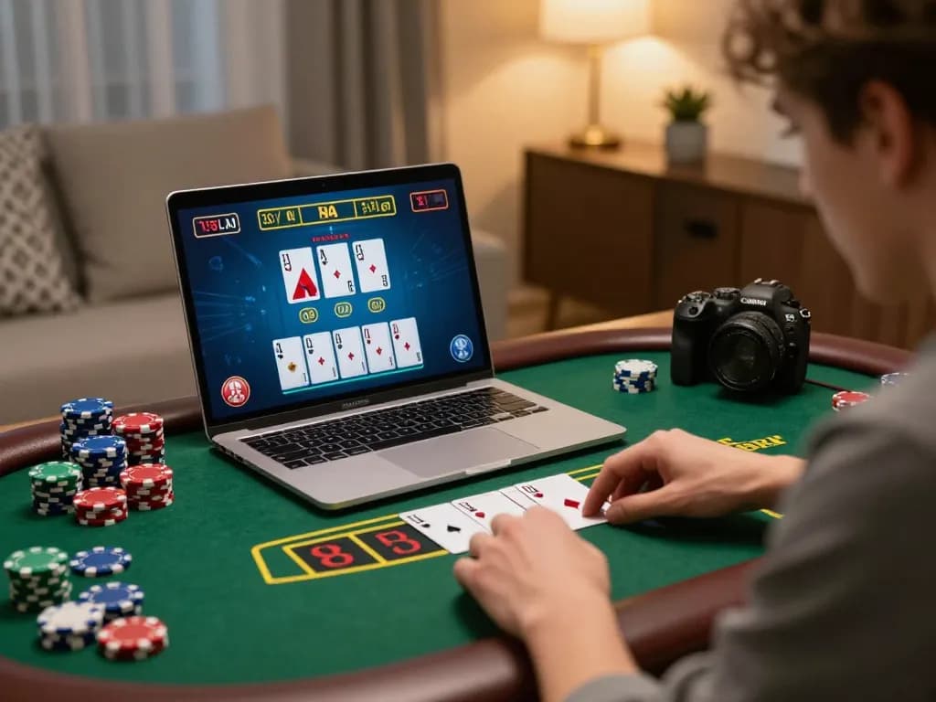 Engaging in online gaming to tải sun win with chips on a stylish table and focused player.