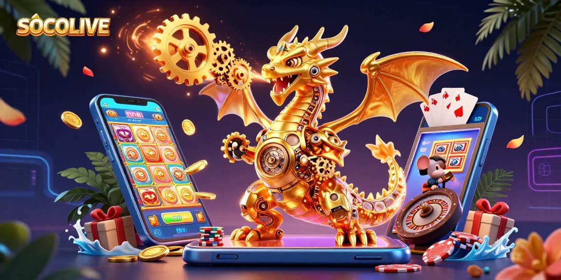 SOCOLIVE showcases a captivating gaming scene with a dragon, golden coins, and exciting slot games.