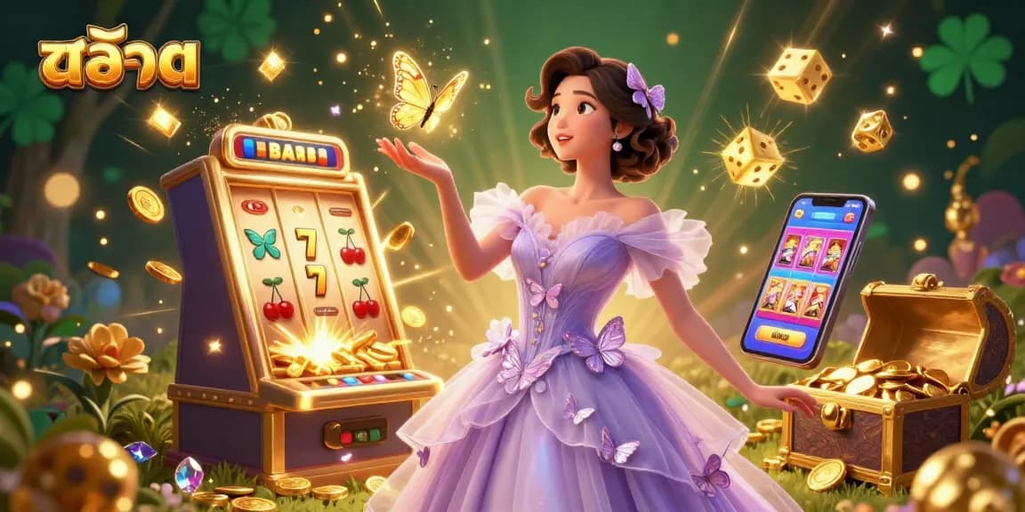 Engage with สล็อต casino games, experiencing a vibrant 3D scene packed with slot machines and golden treasures.
