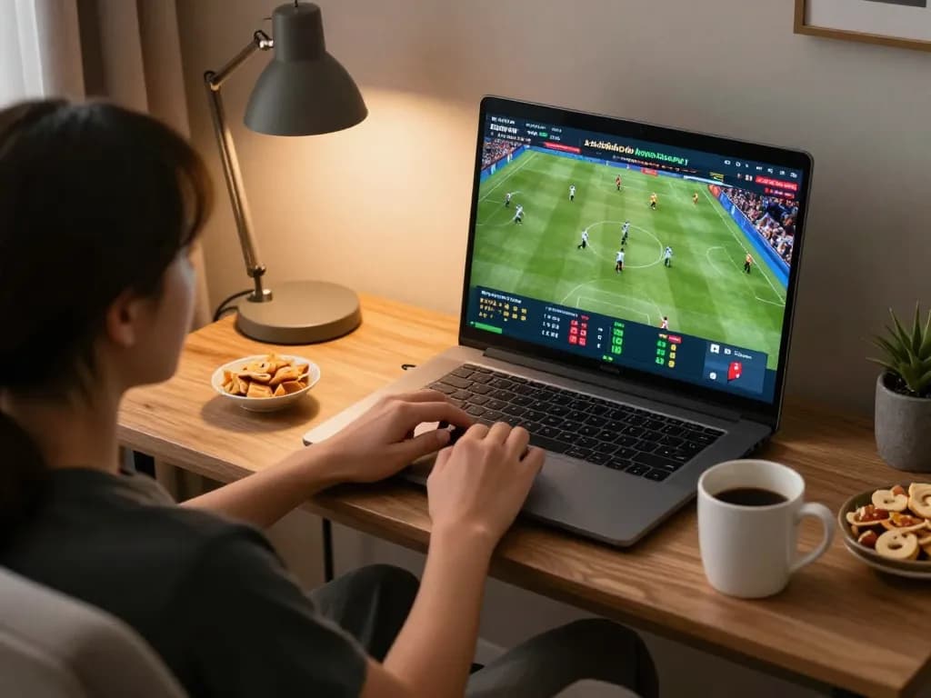 Engaging in kèo nhà cái hôm nay sports betting at home on a laptop with live updates.
