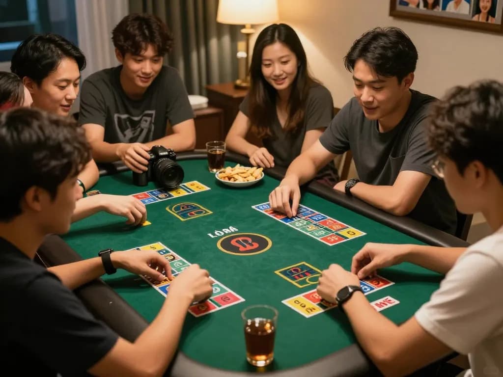 Friends enjoying a lively Lô Đề game night with vibrant numbers and strategies displayed.