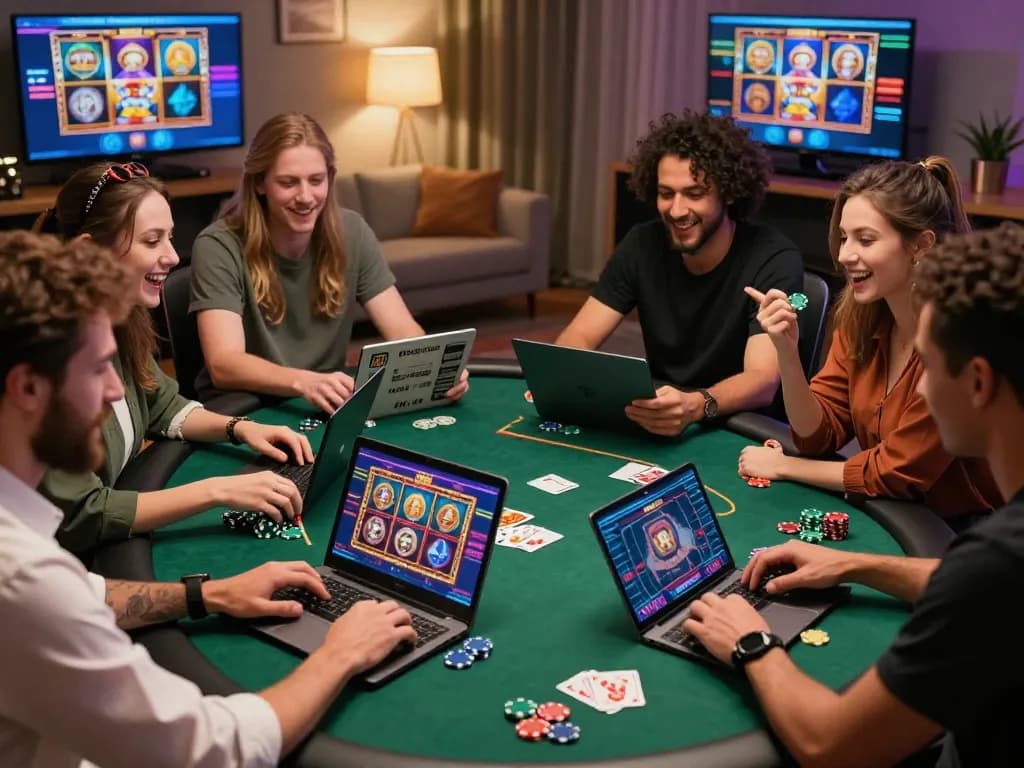 Friends enjoying an online casino session with gem88 gaming on laptops and tablets, vibrant, engaging atmosphere.