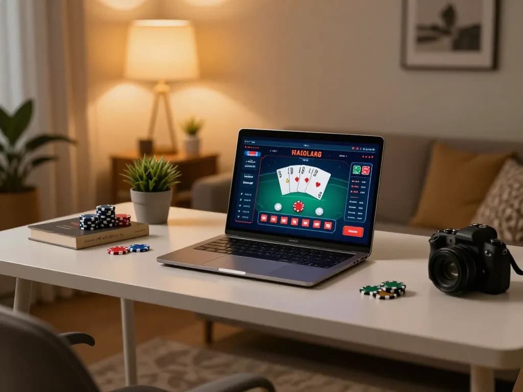 Player engaging in online poker at https://www.atqvn.com/ during a cozy home session with warm lighting.