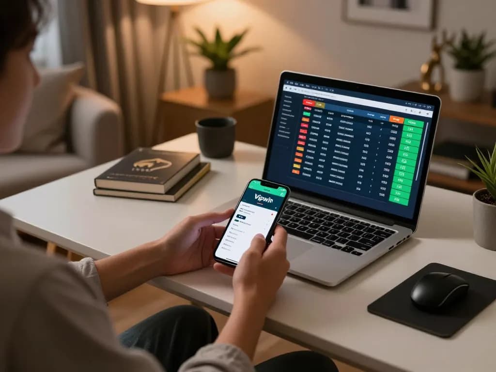 Engaging with the Vipwin app for sports betting in a stylish home office setup.