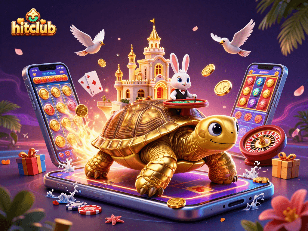 Hitclub features a magical casino scene with a golden tortoise, a rabbit dealer, and dynamic gambling elements.