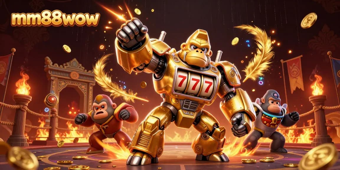 Experience action with the mm88wow golden gorilla mech amidst dynamic casino elements.