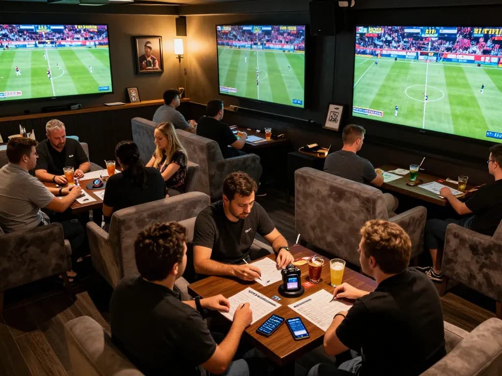 Engaged bettors analyzing kèo nhà cái 5 in a lively sports lounge, watching live events.