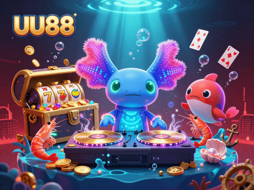 uu88 showcases an underwater casino with axolotl DJ and vibrant gold coins and slot reels.