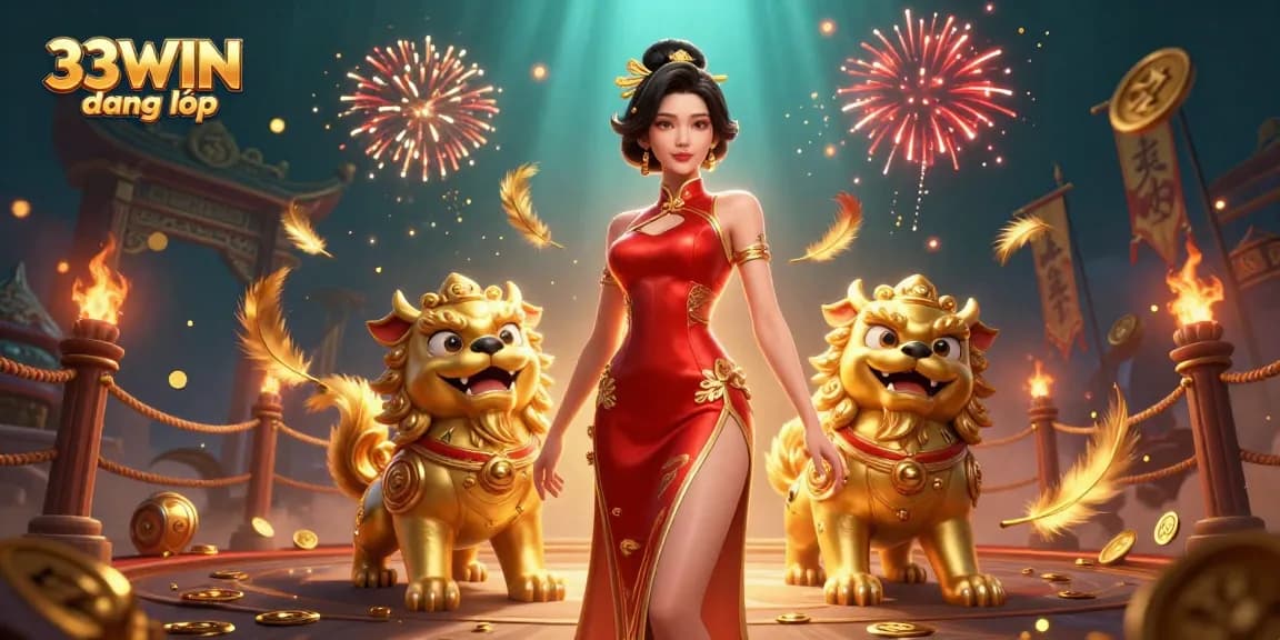 Experience winning at 33WIN đăng nhập with glamorous Asian lady and vibrant casino elements in a dynamic 3D scene.