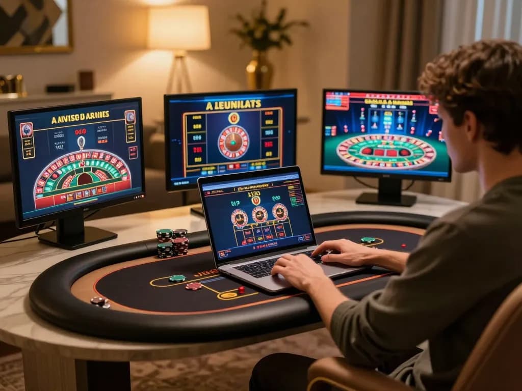 Engaging in online gaming at OKFUN, displaying multiple poker and roulette games on a laptop.