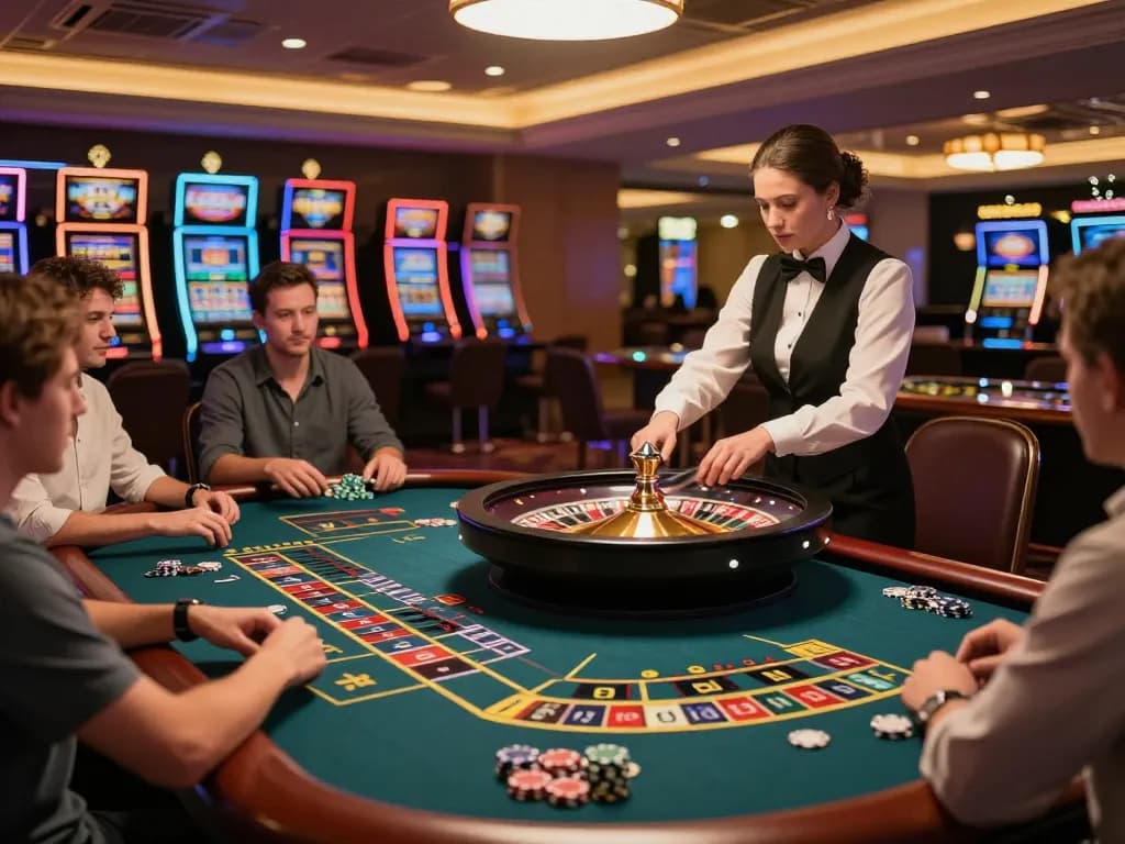 MM88 roulette table in a luxury casino with players betting and a croupier spinning the wheel.