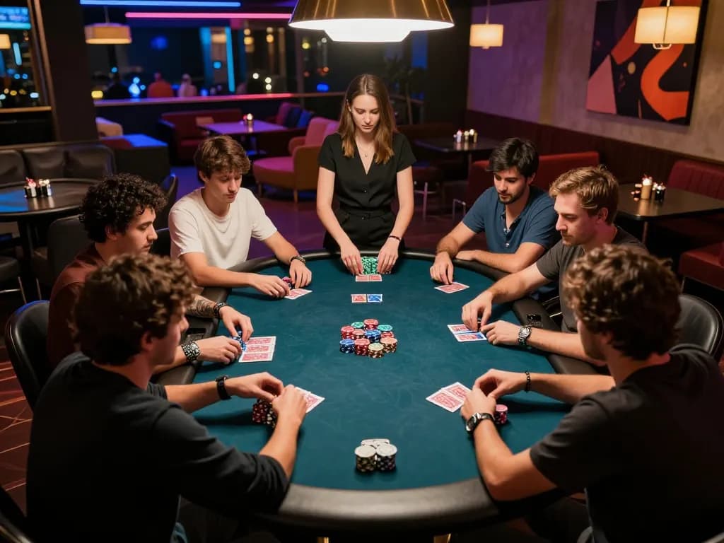 Players at mb66 poker table strategizing winning hands amid vibrant nightclub energy
