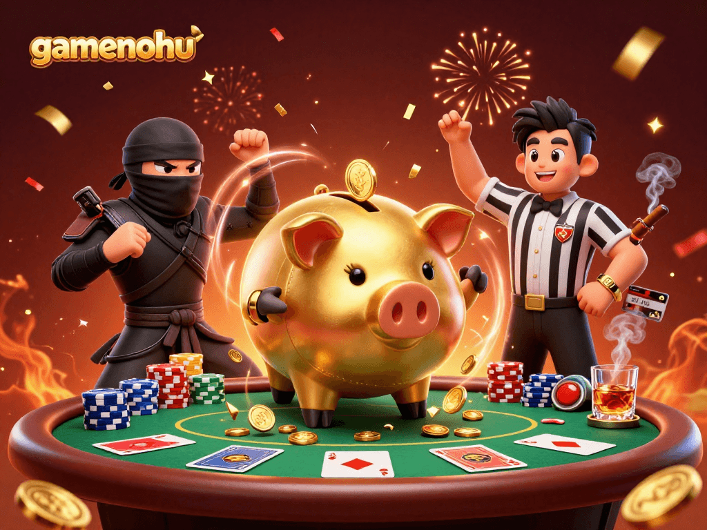 Experience the excitement of gamenohu with a dynamic 3D casino illustration featuring colorful poker elements and characters.
