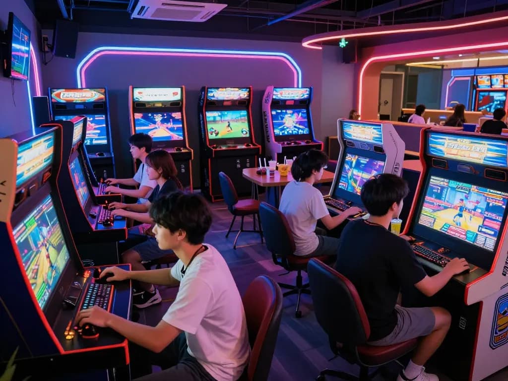 B52 gaming scene with players enjoying vibrant arcade games and neon lights.