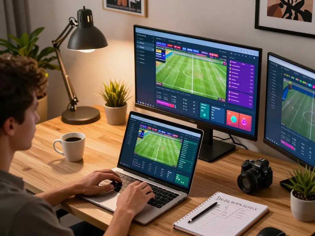 Engaged sports bettor analyzing live scores on nowgoals interface at home office desk.