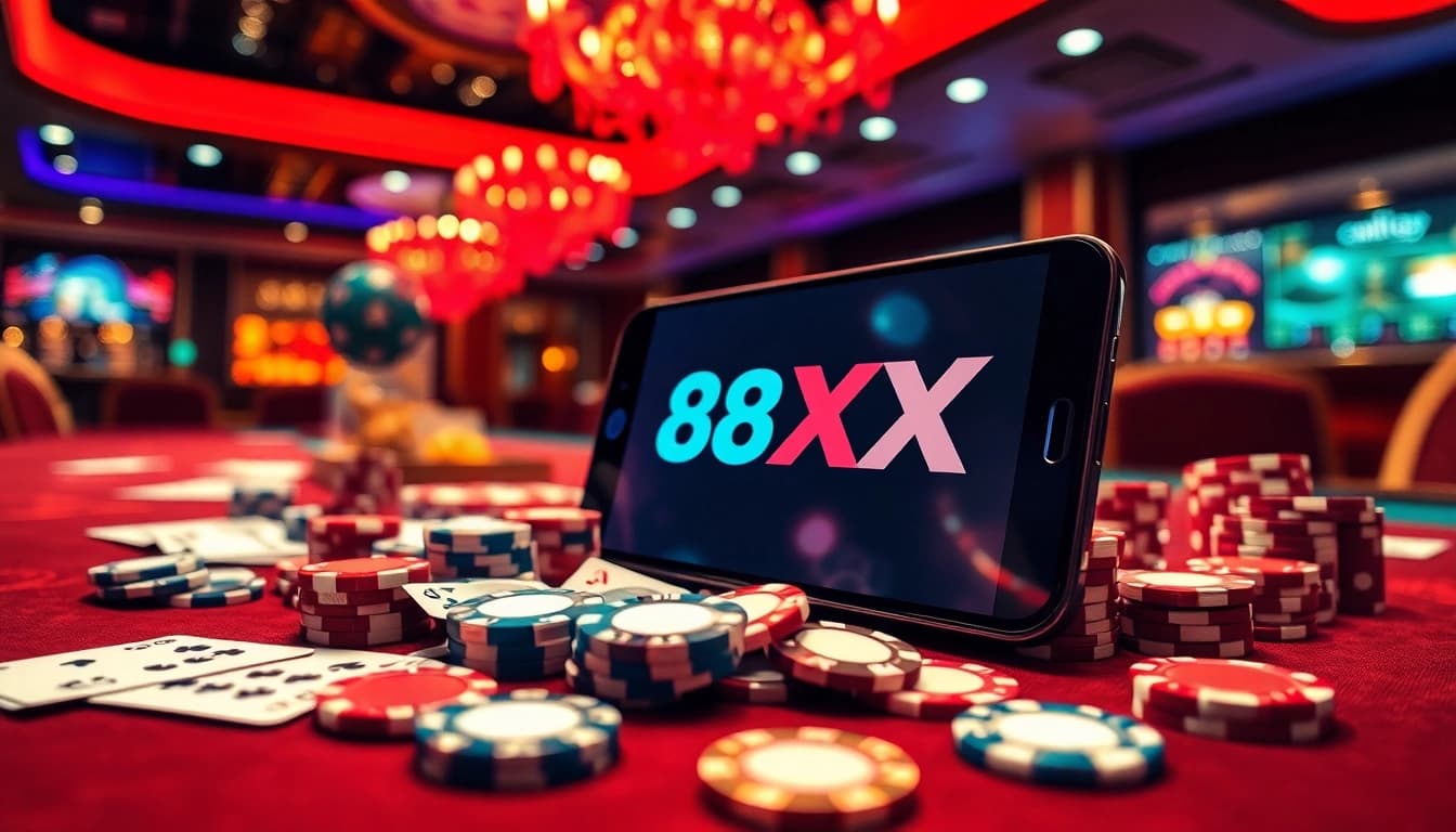 Experience the excitement of the 88XX app with vibrant casino visuals showcasing poker chips, cards, and dice.