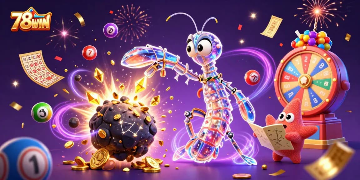 Engage with 78WIN’s vibrant gaming adventure featuring samurai shrimp amidst jewels and lottery balls.