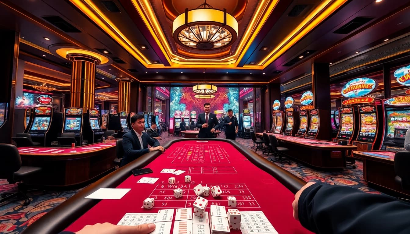 Exciting gameplay at 58WIN online casino with poker chips and vibrant slot machines.