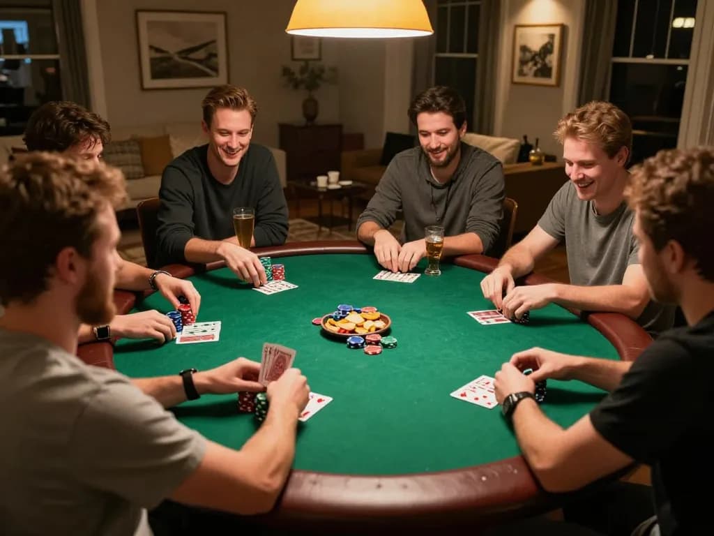 Ev88 players engaging in a thrilling poker game at home, showcasing camaraderie and strategic gameplay.