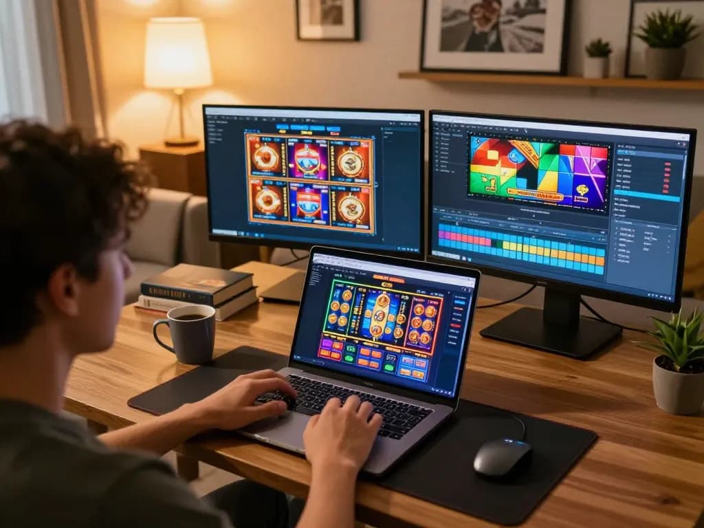 SHBET player engaging in online casino games on a laptop at home, showcasing vibrant gaming interface