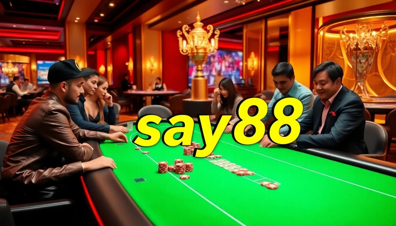 Exciting casino gameplay at say88 with vibrant poker chips and strategic players at a luxurious table.