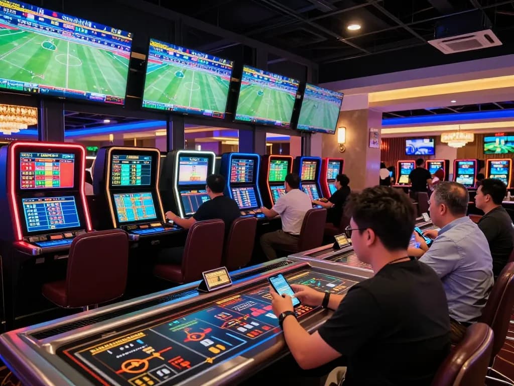 Patrons engaging in live sports betting at N188 com with multiple screens showcasing events