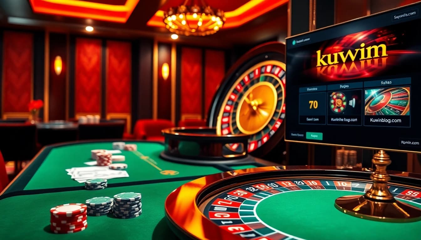 Gamblers enjoying an exciting table game experience with kuwinblog.com featured prominently.
