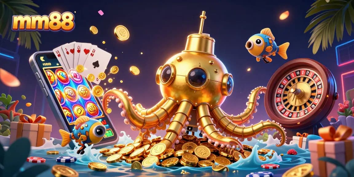 Experience thrilling gaming at mm88 with a vibrant underwater casino scene filled with slot games and golden coins.