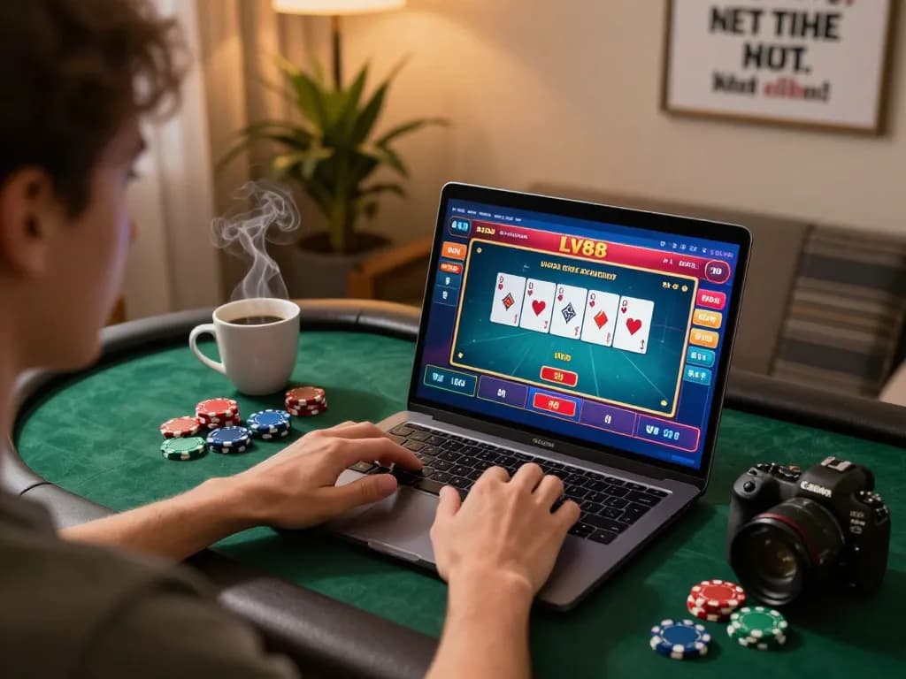 LV88 player engaging in online casino gameplay with colorful poker cards displayed