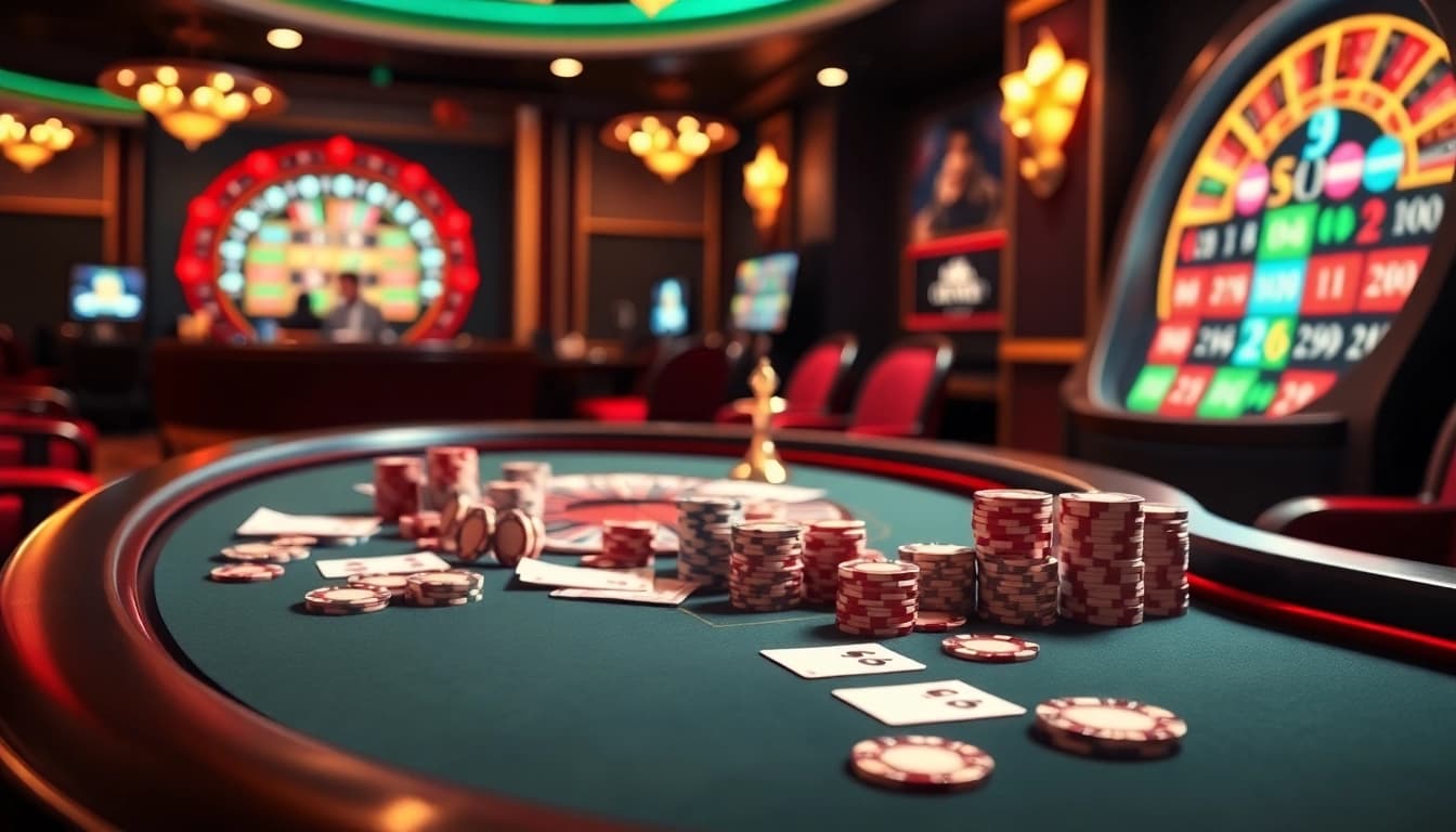 Experience the thrill of high-stakes poker with 8kbet1 in a luxurious casino setting filled with vibrant chips and cards.