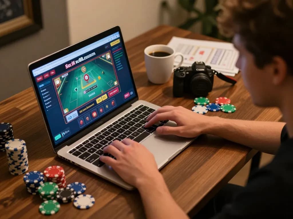 Engaging online gaming on sc88.com with a laptop showing vibrant casino games in a cozy home setting.
