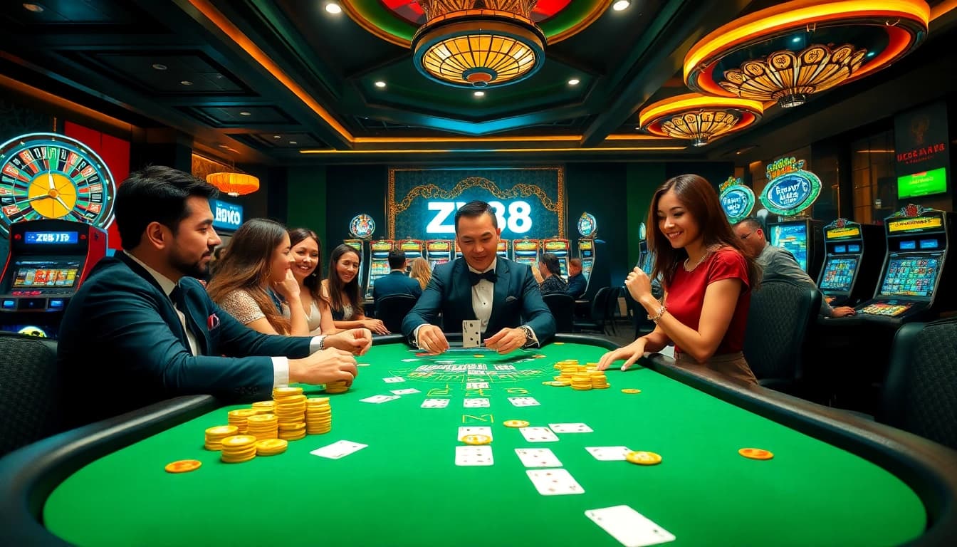Experience excitement at the zx88 us casino with a high-stakes poker game and golden chips.