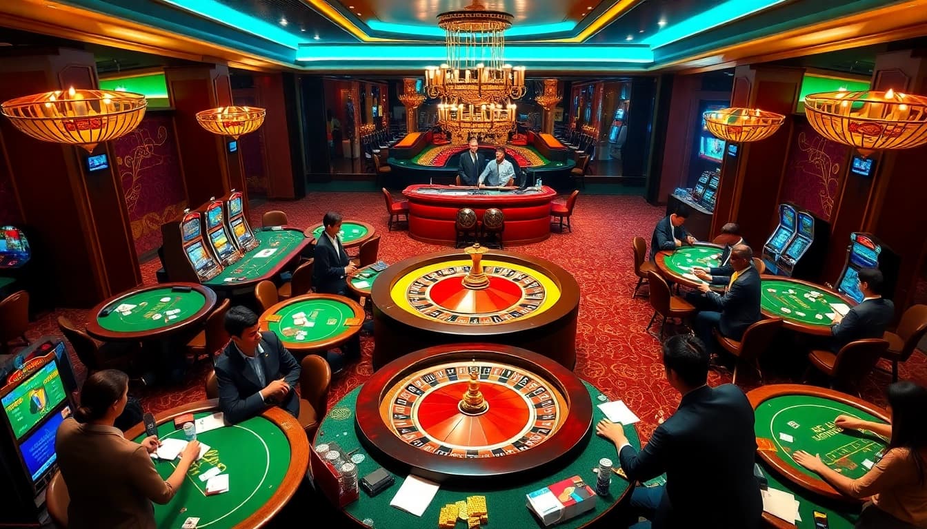 Engaging gamblers at a casino table, showcasing the excitement of gaming at https://hm88.blue/ with poker chips and roulette.