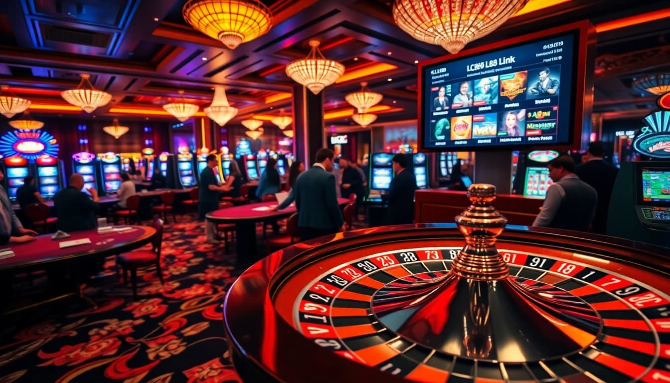Gamblers placing bets near the roulette wheel, featuring the LC88 Link for online games.