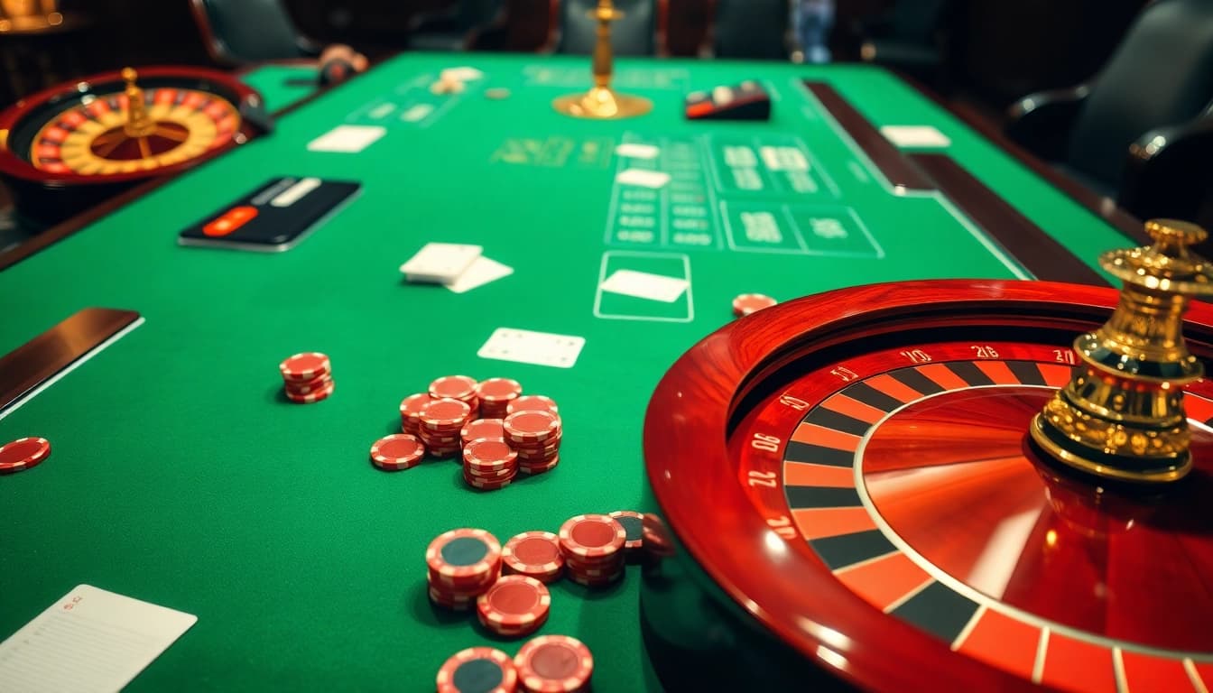 Experience thrilling gameplay at https://luongsontv5.com/ with a dynamic casino scene featuring roulette wheels and poker tables.