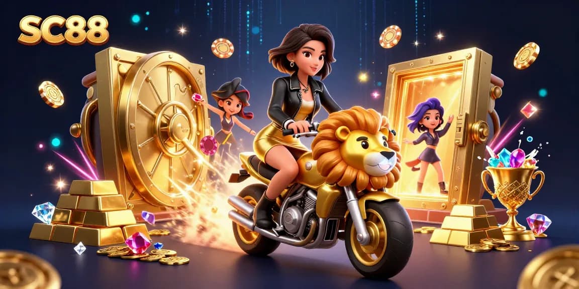 Experience the excitement of SC88 with a dynamic casino scene filled with treasures and lavish elements.