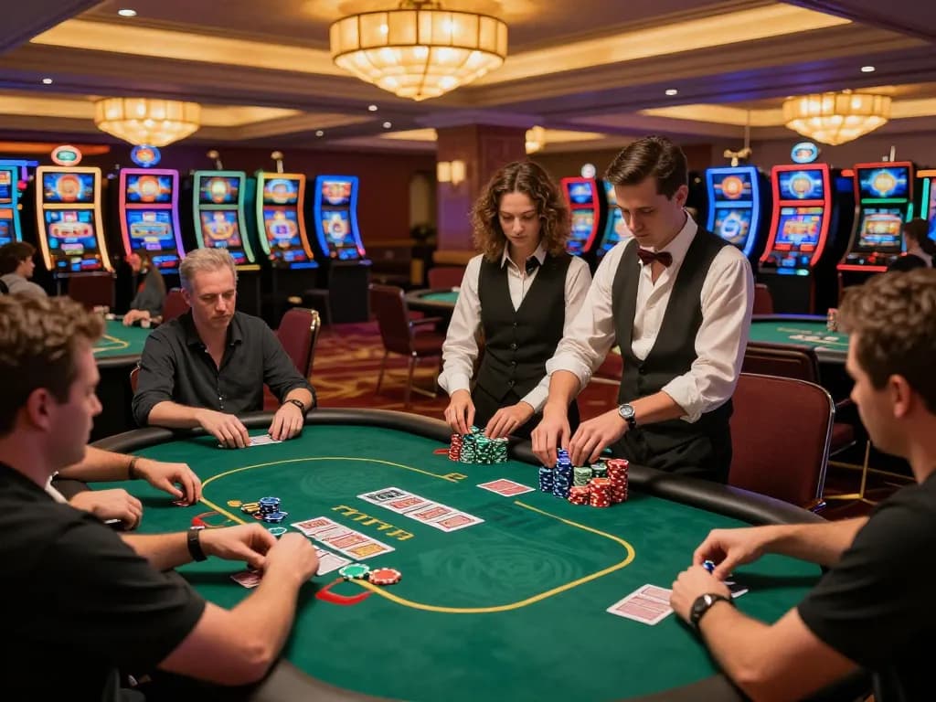 Players enjoying intense poker games at 68gamebaivn casino amidst warm lighting and vibrant atmosphere.