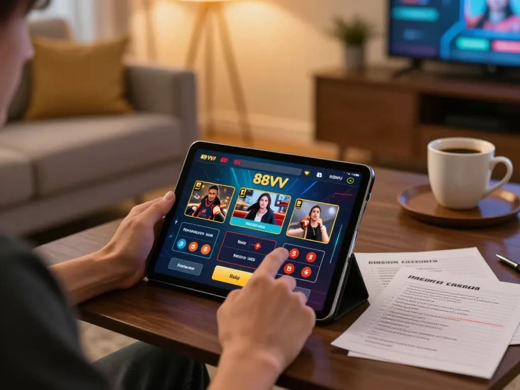 Player engaging with the 88VV casino app on a tablet in a cozy living room.