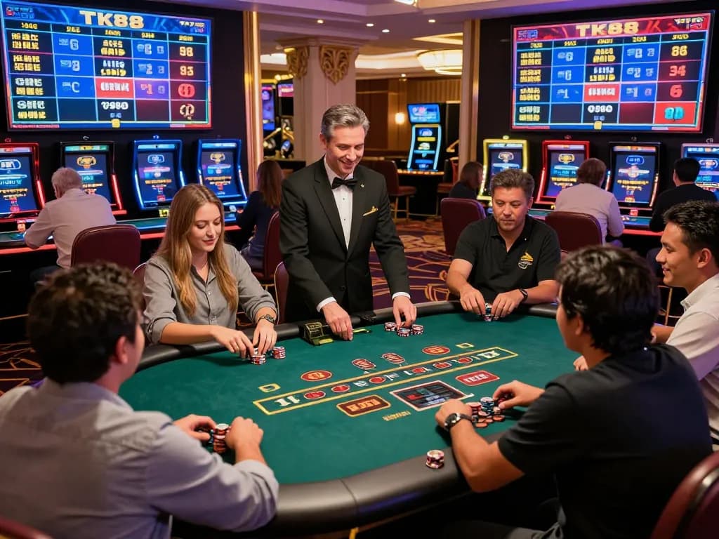 Players enjoying an exciting live dealer game at TK88's online casino, showing vibrant atmosphere and engaging interactions.