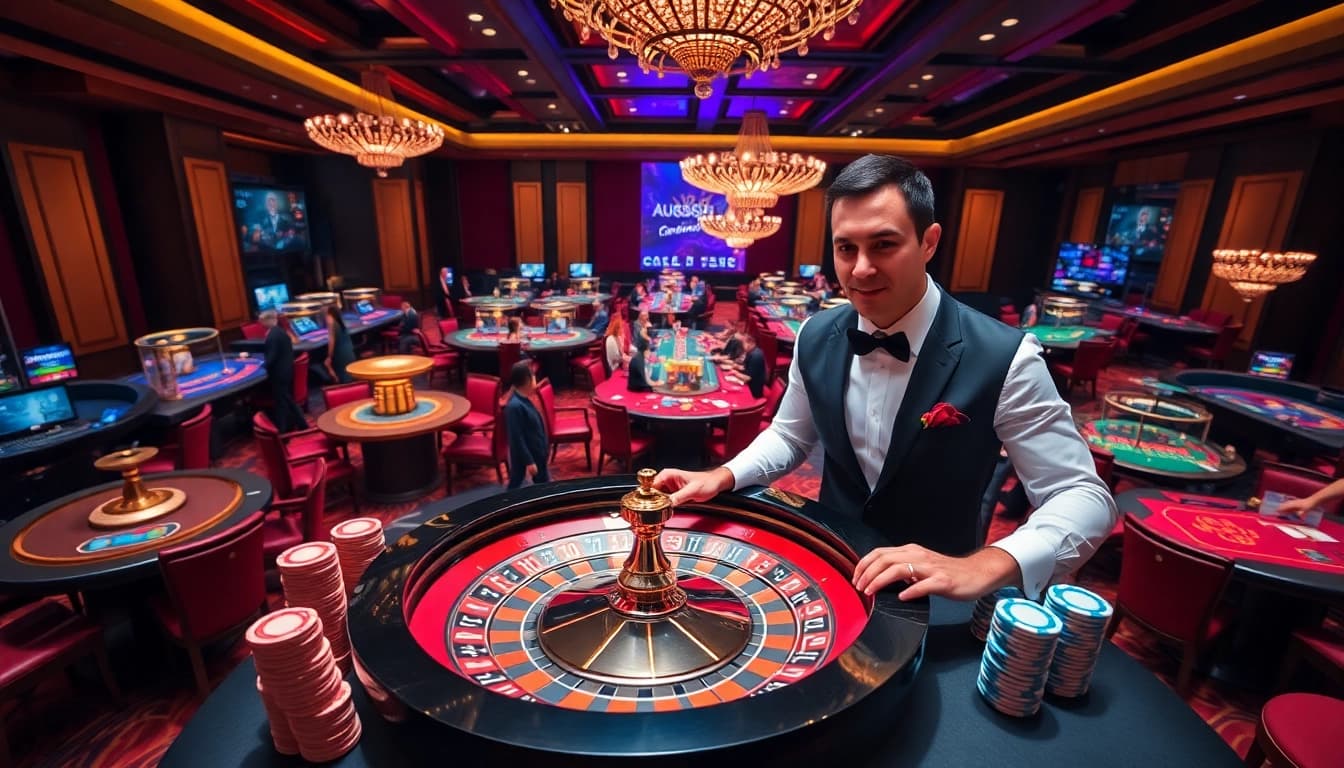 Experience the thrill of gambling at AU888 with vibrant poker chips and a dazzling roulette wheel.