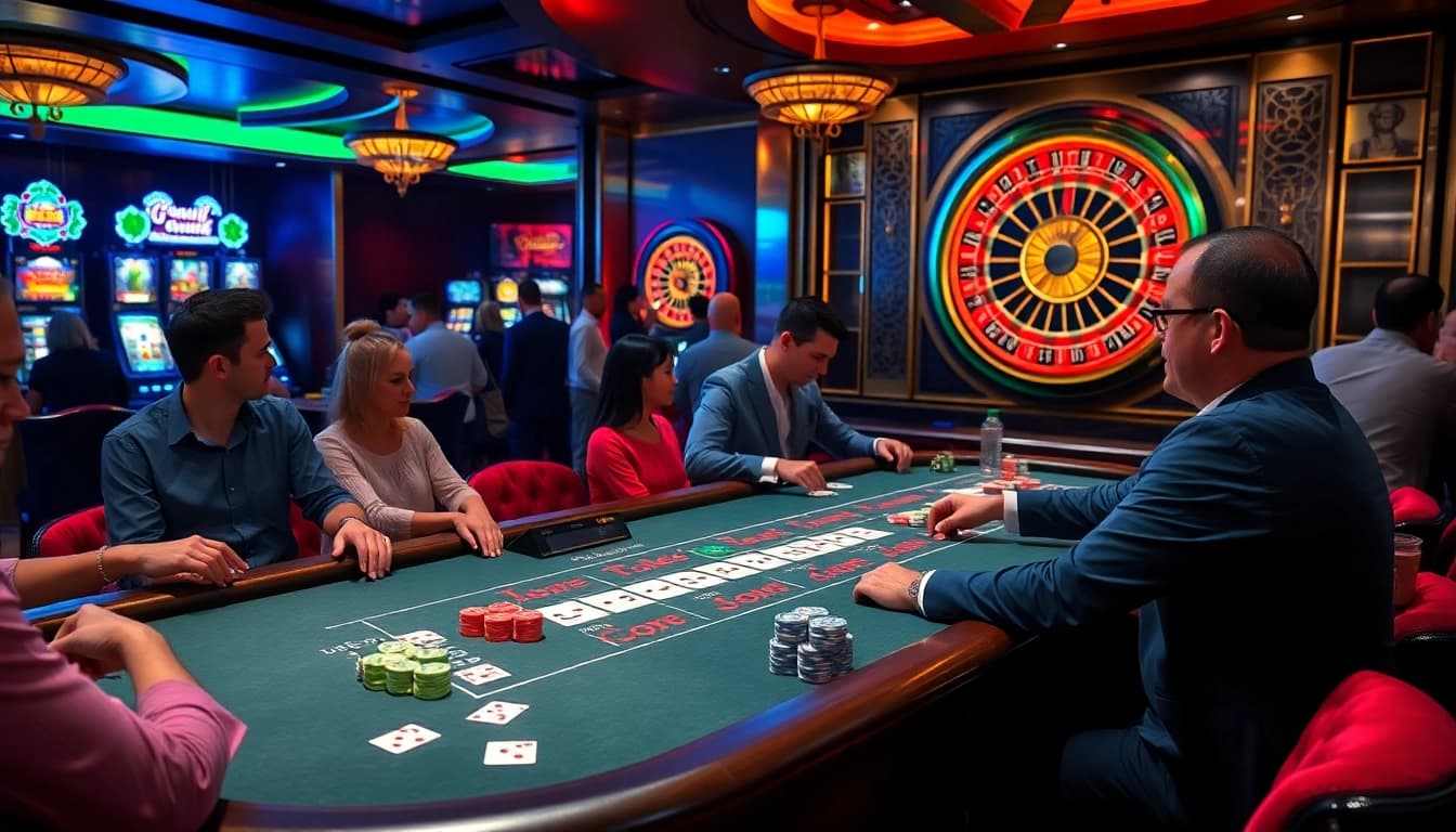 Players enjoying blackjack at the QQ 88 table, showcasing excitement in a vibrant casino atmosphere.