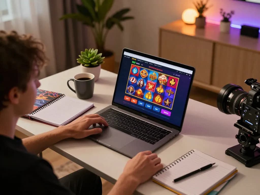 Engaged player on 11bet online casino platform, showcasing vibrant slot games and cozy gaming setup.