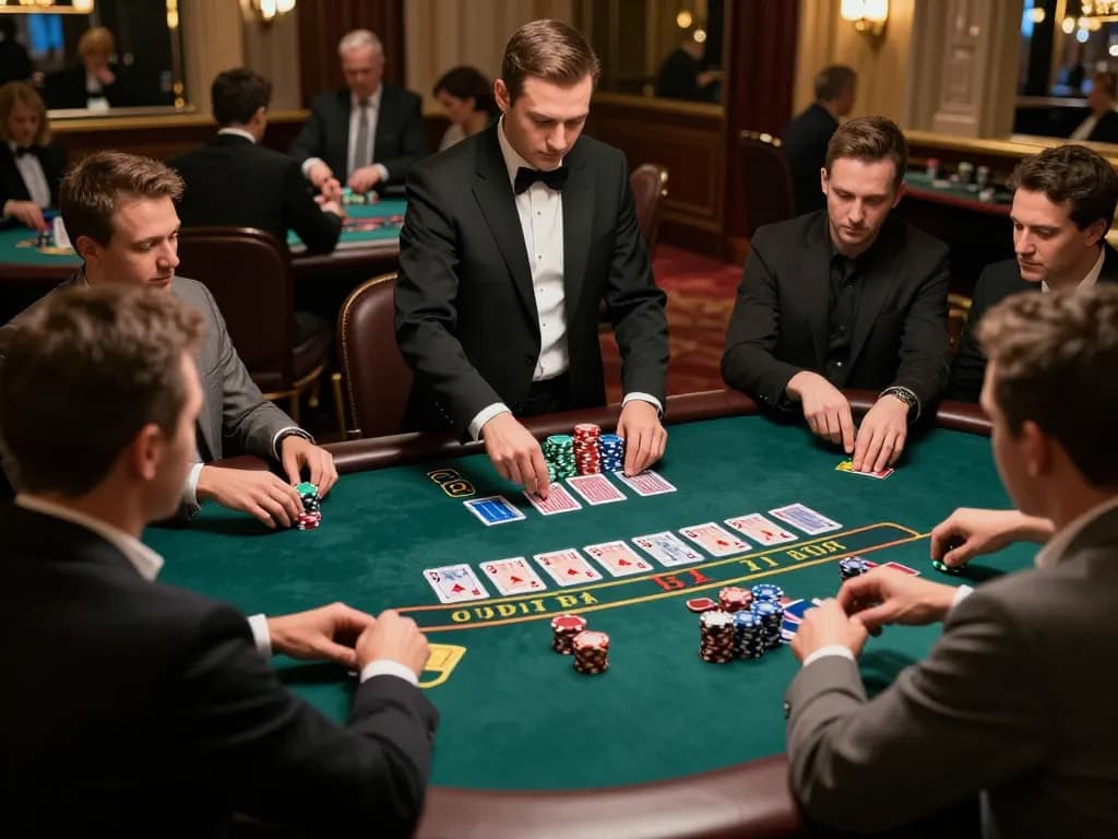 Experience high-stakes blackjack gameplay at 79king-vn casino, players concentrate on winning.