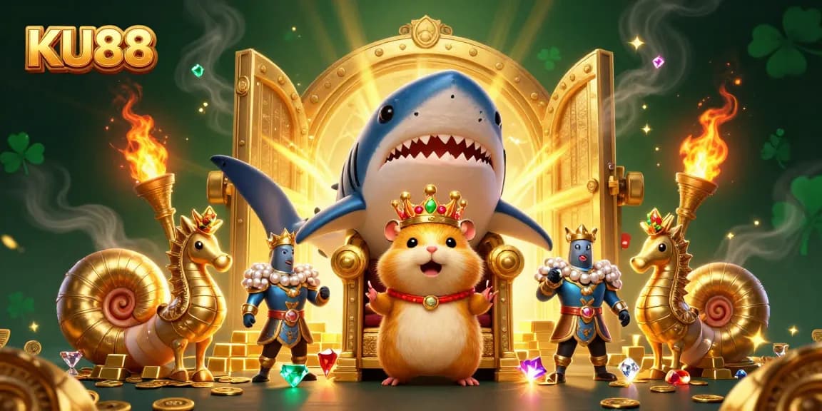 Experience thrilling gameplay at KU88, featuring vibrant characters and luxurious treasures in a casino scene.