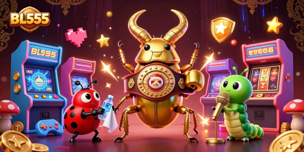 Engage with BL555's exciting slots as a giant beetle faces off in a vibrant, dynamic casino scene.