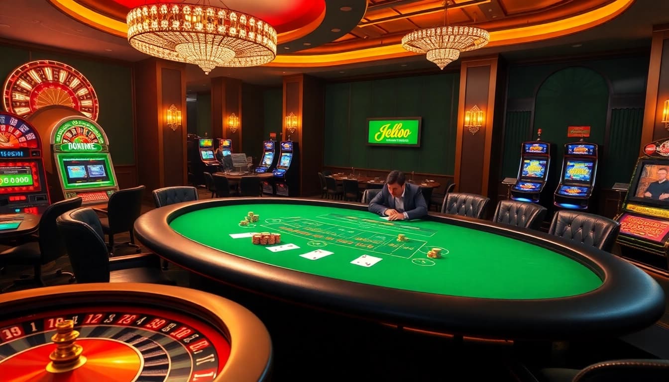 Exciting gambling experience at hello88 com with card players and slot machines.