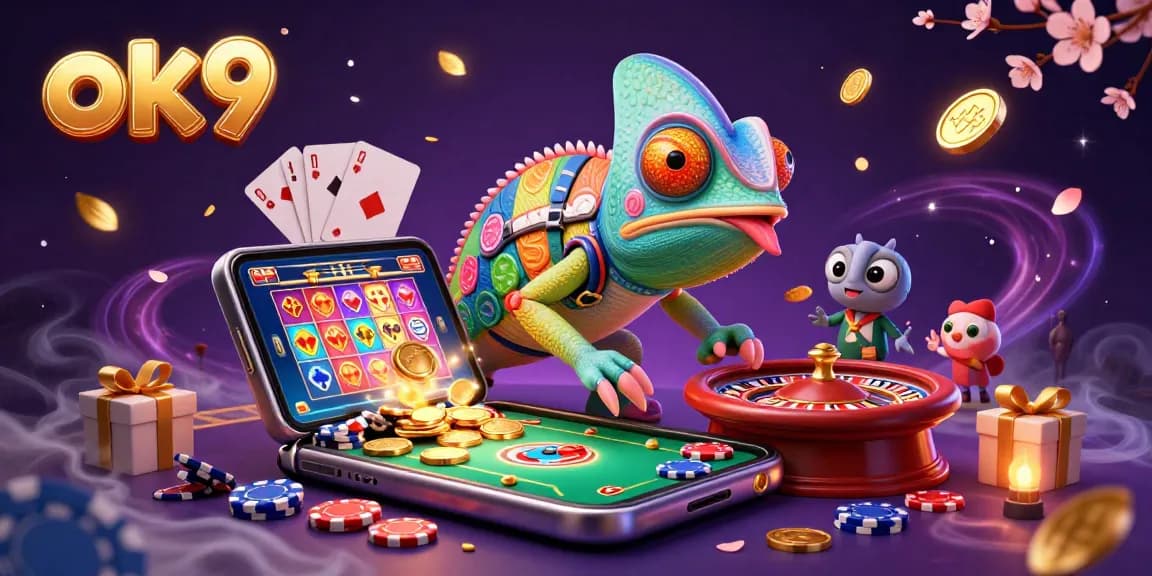 Experience thrilling gameplay with ok9's vibrant chameleon casino owner amid golden coins and dynamic slot games.