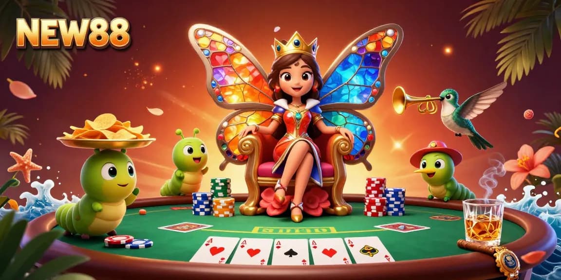 Experience interactive gameplay at NEW88 with vibrant casino illustrations, featuring dynamic poker scenes.