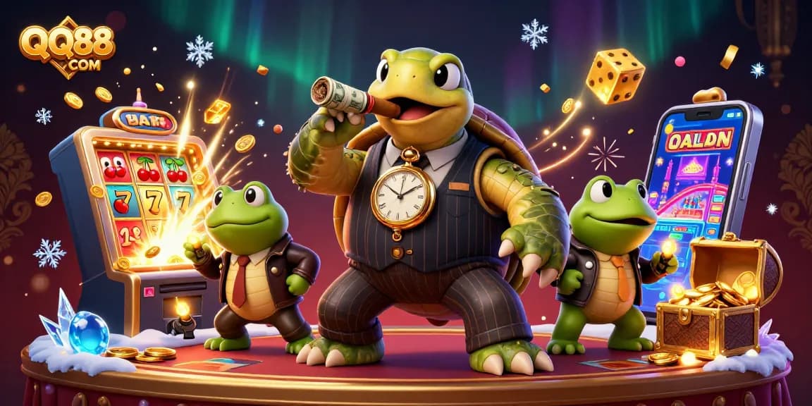 Play exciting games at QQ88 COM with a vibrant casino scene featuring dynamic characters and jackpot elements.